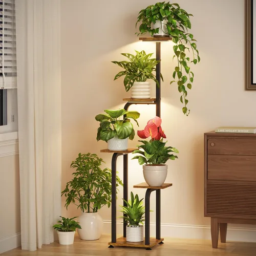 Vista 16 de LASZOLA Soporte para plantas de 5 niveles alto de madera y metal para interiores para macetas de servicio pesado, estante vertical grande