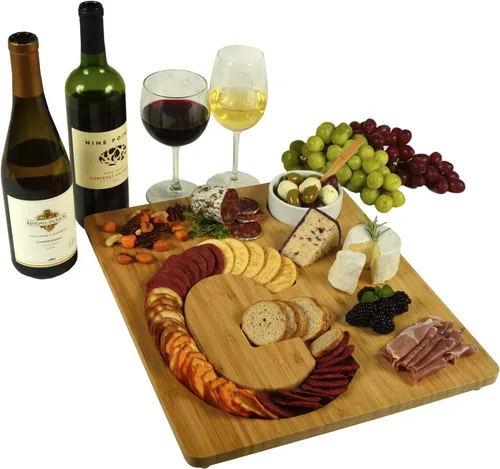 Vista 6 de Picnic at Ascot Monogram Bamboo Cheese/Charcutery/Cracker Tabla para servir - Incluye salsa de cerámica/cuenco de oliva con cuchara de bambú. letra