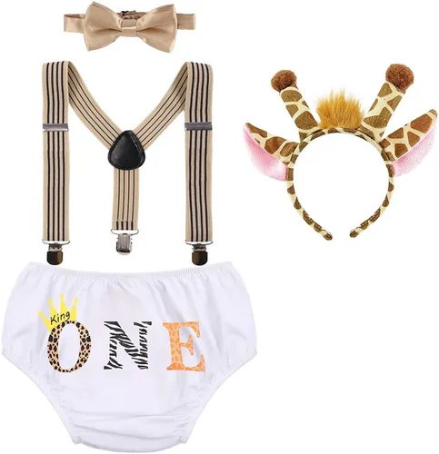 Vista 6 de Conjunto de ropa de bebé niño León Fox Cake Smash Wild One 1er cumpleaños Bloomers cubierta de pañales, tirantes y corbata de moño