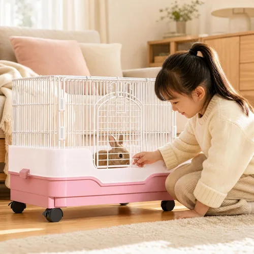 Vista 7 de Small Pet Enclosure Indoor Wire Pet Cage with Base Wipe-Clean, Pink, Double Layer