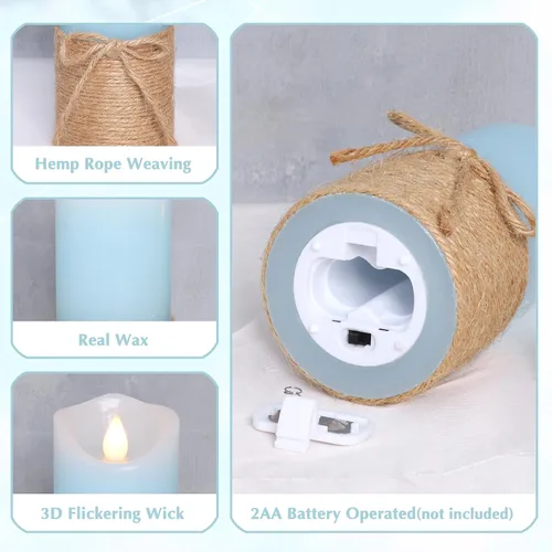 Vista 4 de Crystal Club Velas azules sin llama, juego de 5 velas LED con temporizador, juego de velas de cera real con control remoto para decoración del hogar