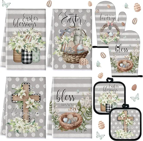 Vista 9 de VitalCozy Juego de 8 toallas de cocina de Pascua, guantes de horno y soporte para ollas, toallas de cocina florales de Pascua, toalla de cocina
