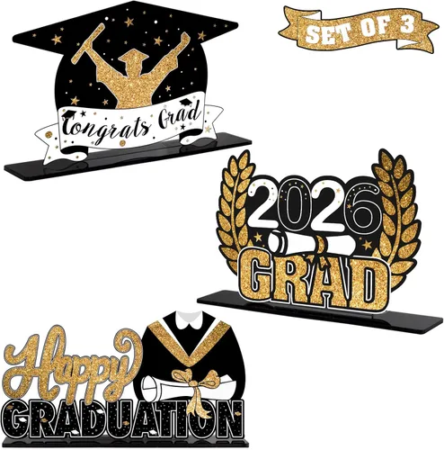 Vista 10 de LINGTEER Decoraciones de fiesta de graduación de clase 2026 – 3 piezas de felicitaciones de graduación 2026 de acrílico para centros de mesa de Azul