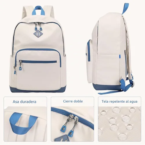 Vista 6 de Lohol Mochila clásica para niñas, niños y adolescentes, bolsa ligera para libros, escuela, viajes, universidad (beige/azul)