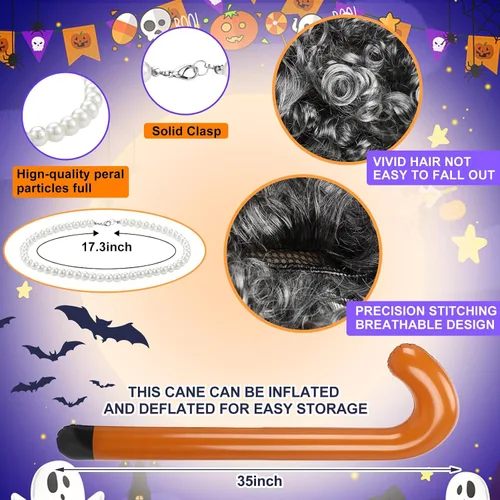 Vista 3 de 8 piezas de disfraz de anciana para niños, disfraz de abuela para niños, vestido de abuelita, peluca plegable, gafas de muleta para Halloween