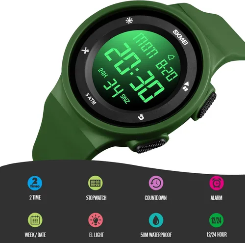 Vista 4 de SKMEI Reloj digital para hombre, reloj deportivo digital, resistente al agua, para hombre, con cronómetro, alarma, cuenta regresiva, doble hora