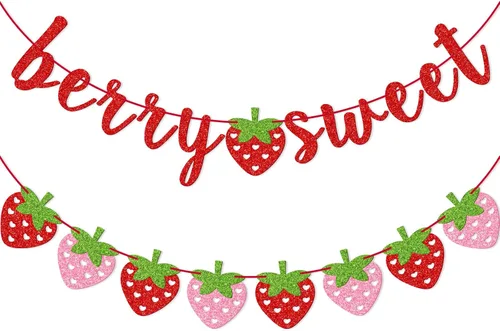 Vista 10 de Banner dulce de fresa y bayas, decoraciones de fiesta de fresa Suministros de fiesta temática de bayas de verano con purpurina dorada para baby