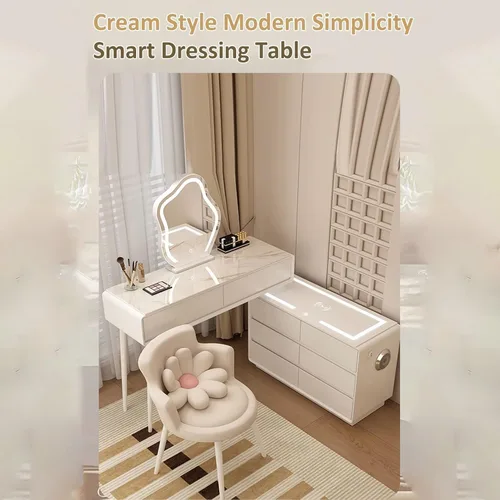 Vista 6 de Tocador con espejo con luces, mesa de tocador con cajones, mesa de maquillaje blanca, 3 modos de iluminación de brillo ajustable, para dormitorio