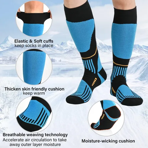 Vista 5 de COOPLUS 2 pares de calcetines de esquí para hombres y mujeres, calcetines de compresión hasta la rodilla para esquí, snowboard, senderismo, deportes