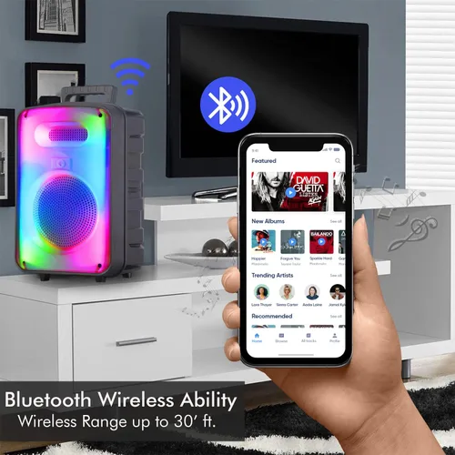 Vista 4 de Technical Pro Altavoz Bluetooth bidireccional recargable de 600 vatios de 8 pulgadas con pared LED brillante, radio FM, USB, sonido estéreo TWS