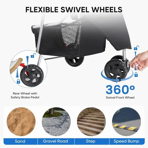 Vista 10 de [Usado] NEWBULIG - Cochecito plegable de 3 ruedas para perros y gatos Ligero y duradero, ideal para mascotas pequeñas a medianas, incluye cesta