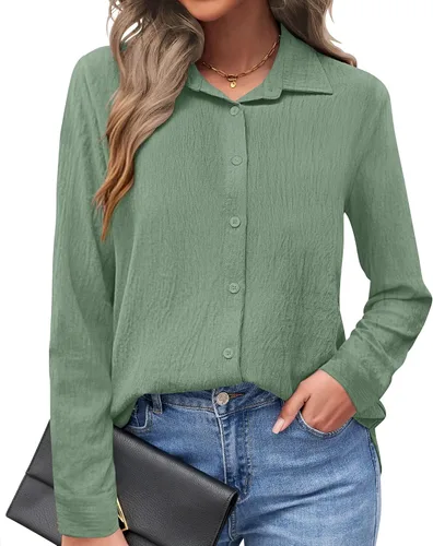 Vista 16 de AUSELILY - Camisas con botones para mujer, manga larga, cuello con botones, blusas casuales para el trabajo y negocios, túnicas