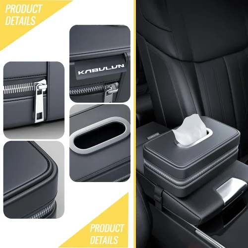 Vista 9 de Soporte para pañuelos de coche, caja de servilletas de tejido de cuero PU, caja de reposabrazos de automóvil, organizador rectangular de servilleta