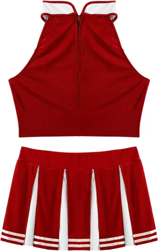 Vista 4 de Uniforme de animadora para mujer, 2 piezas, para cosplay, juego de rol, tops cortos con faldas plisadas