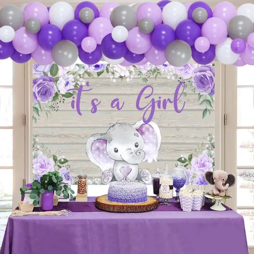 Vista 4 de Decoraciones de baby shower de elefante morado para niña – It's A Girl Elefante telón de fondo lavanda floral pequeño elefante de bienvenida bebé