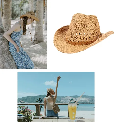 Vista 3 de Sombrero de vaquero de paja sombrero de sol vaquera de verano Panamá con correa para la barbilla hombres mujeres sombrero viaje al aire libre