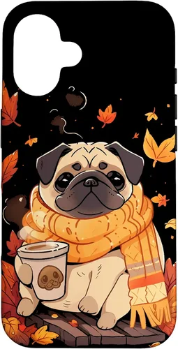 Vista 32 de Pug Fall Autumn Leaves Pumpkin Spice Latte Dog Kawaii Case for iPhone 17