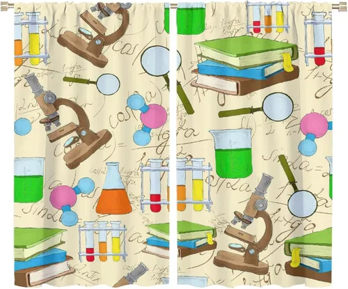 Vista 88 de Cortinas opacas para ventanas de ciencia para niños, lupa de libro de laboratorio de ciencia, lupa, frascos moleculares, cortinas impresas