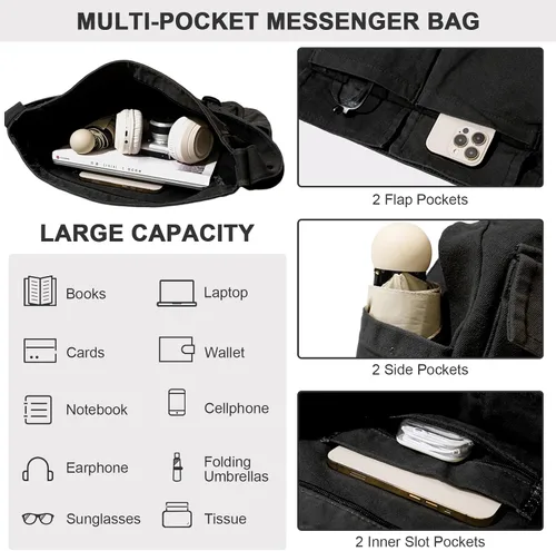 Vista 5 de WITERY Bolso bandolera de lona Bolso cruzado grande tipo hobo para mujeres y hombres, bolso casual para mujer, bolso de mano retro de mezclilla