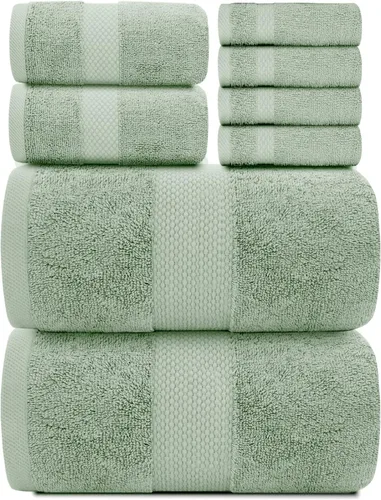 Vista 3 de White Classic Juego de 4 alfombrillas de baño verdes de 22 x 34 pulgadas, 8 toallas de baño