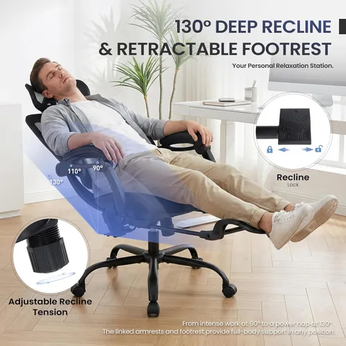 Vista 9 de MALOL Silla de oficina ergonómica de malla con reposapiés, silla ejecutiva de escritorio de computadora con respaldo alto con reposacabezas