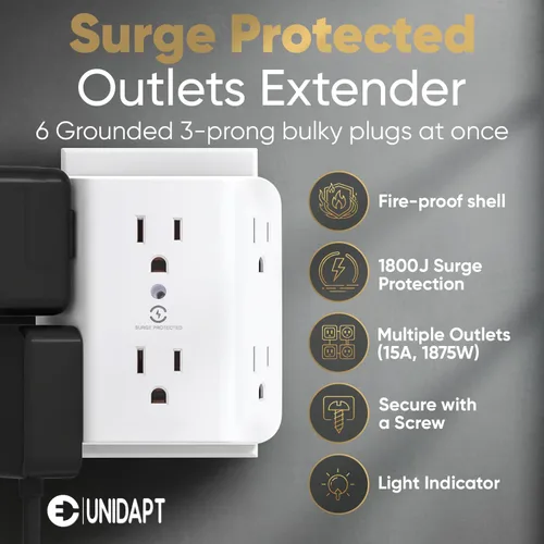 Vista 2 de Unidapt Extensor de enchufe de pared de 6 tomas, paquete de 1 unidad, regleta protectora de sobretensiones 900J con tomas de gran espacio de 3