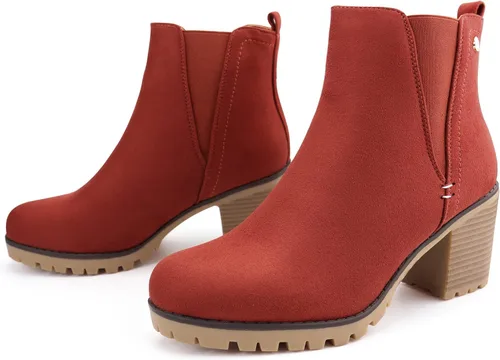 Vista 4 de JABASIC - Botines casuales de ante para mujer con tacón de bloque, botas de meter tipo Chelsea