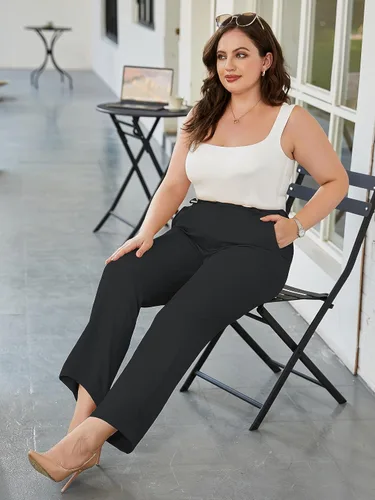 Vista 5 de Pantalones de talla grande para mujer, pantalones casuales de negocios, pantalones largos y rectos, pantalones de trabajo cómodos para mujer