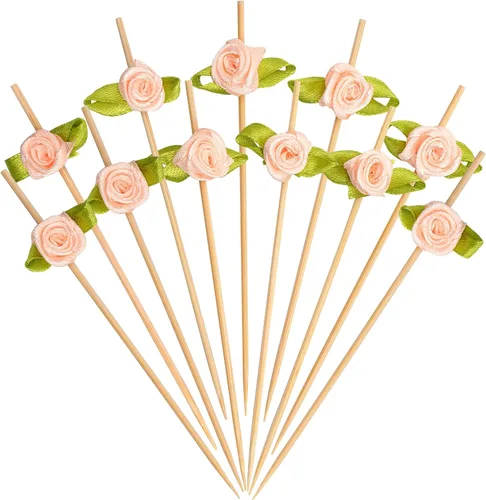 Vista 10 de Minisland Palillos de cóctel de flores de rosas multicolores, palillos de bambú de 4.7 pulgadas de largo para aperitivos, despedida de soltera