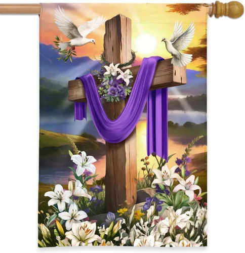 Vista 6 de Briarwood Lane - Bandera para las festividades de Pascua, religiosa, con la cruz y con lirios, para poner en el hogar, 28 x 40 pulgadas