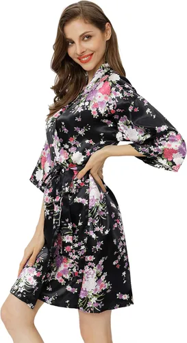 Vista 2 de DITSONEO Bata floral para mujer, bata de satén de seda para dama de honor, para boda, vestido de vestir, kimono, ropa de dormir