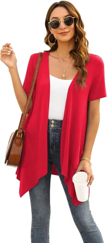 Vista 3 de Veryoung Cárdigan floral de manga corta para mujer, casual, drapeado, frente abierto, ligero, cárdigan de verano con bolsillo, dobladillo alto y bajo