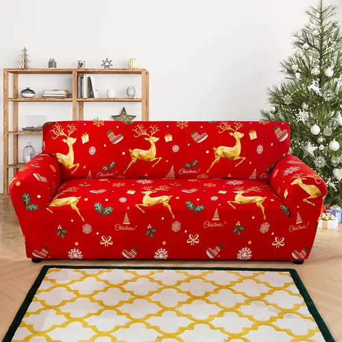 Vista 10 de Anibedding - Funda estampada de Navidad roja para sofá de 2 cojines, funda elástica con renos y copos de nieve para sofá, funda de sofá lavable a