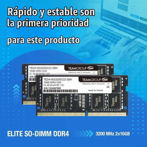 Vista 3 de TEAMGROUP Elite DDR4 de 8 GB individual 3200 MHz PC4-25600 CL22 sin búfer, no ECC 1.2 V SODIMM 260 pines para laptop estilo Notebook, PC, módulo