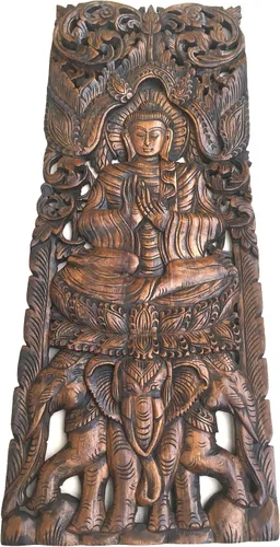 Vista 4 de Asiana Home Decor Buddha - Panel de pared de madera tallada grande en acabado marrón oscuro, tamaño 35.5 x 13.5 x 1 pulgadas