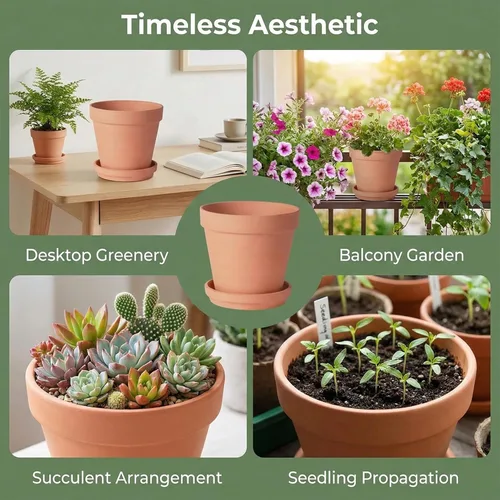 Vista 7 de 3 Set Terracotta Pots 6 Inch Indoor Plant Pot with Drainage Hole & Saucer Classic Ceramic Flower Pot for Herbs Small Plants