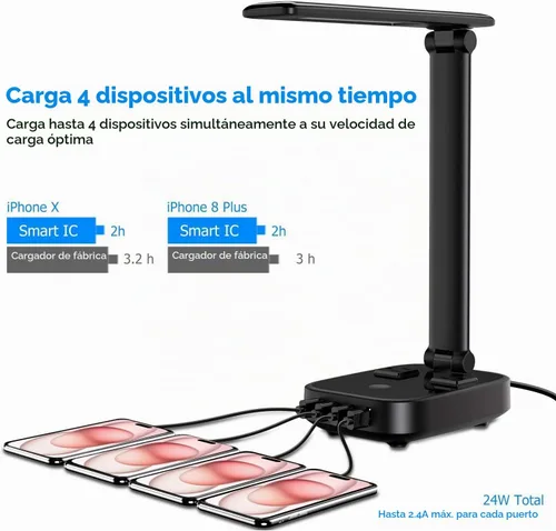 Vista 4 de Yostyle Lámpara de escritorio LED con 4 puertos de carga USB y 2 salidas de CA, estación de tira de alimentación con cable de extensión de 5 pies