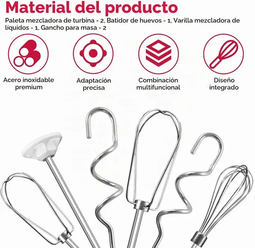 Vista 2 de Batidor de mano para batidora de mano Kitchenaid KHM3 KHM5 KHM7 KHM9, incluye batidor, varilla de mezcla y gancho para masa, accesorios de batidora