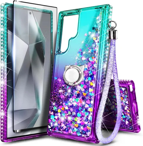 Vista 111 de NGB - Funda para teléfono Samsung Galaxy S9, color aguamarina/morado, bonita funda con purpurina líquida para mujeres y niñas, con protector