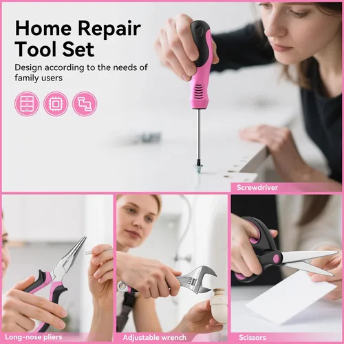 Vista 5 de Kit de herramientas rosa de 69 piezas para mujeres, pequeño kit de herramientas manuales básicas para el hogar, kit de herramientas perfectas