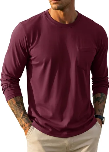 Vista 30 de MAGCOMSEN Camisa de manga larga para hombre con bolsillo, de algodón, cuello redondo, casual, ligera