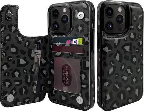 Vista 13 de Funda de piel con tapa para tarjetas compatible con iPhone 13 Pro de 6.1 pulgadas, para mujeres y niñas con tarjetero con función atril, doble