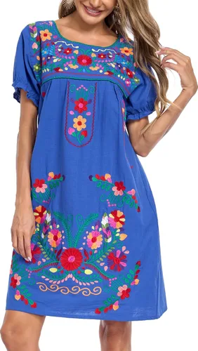 Vista 34 de YZXDORWJ Vestido bordado mexicano de manga corta para mujer 222BK