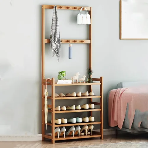 Vista 8 de Bamboo Clothes Rack, Clothing Rack with Bottom Shelves and Hook, Freestanding Garment Racks, Open Coat Racks for Hallway Brown