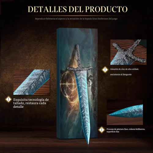 Vista 5 de RACEROCKET Elden Ring Espada de la Luna Oscura Gran espada de caballero recto Modelo de espada de metal de artes marciales de 11.8 pulgadas