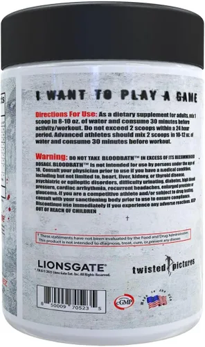 Vista 2 de Insane Labz Saw® Bloodbath, Non-Stim Pump - Polvo de preentrenamiento con Nitrosigine®, OxyGold™, sulfato de agmatina, L-citrulina y betainne
