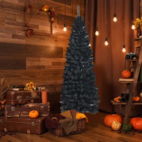 Vista 7 de Árbol de Navidad negro de 6 pies, árbol de lápiz delgado con 520 puntas de rama, hojas de PVC de calidad, soporte de metal plegable, árbol