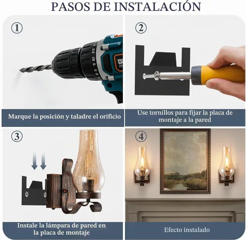 Vista 8 de Apliques de pared vintage de granja, lámparas de pared a pilas, luces de pared recargables, vidrio agrietado de hielo, rústico, sin cableado, juego