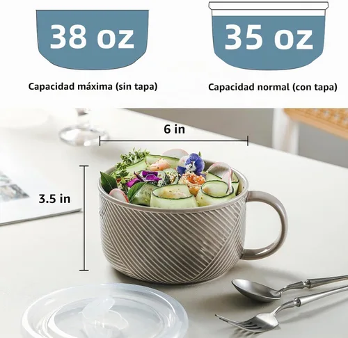 Vista 2 de Oversized Soup Bowl with Handle, Microwave Safe 38 oz, Grey Gris