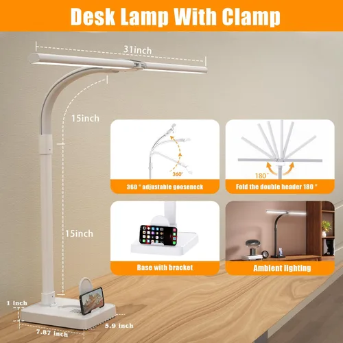 Vista 3 de AKRRYR Lámpara de escritorio LED para el hogar y la oficina, lámpara de 24 W brillante y para el cuidado de los ojos con base, luz de trabajo